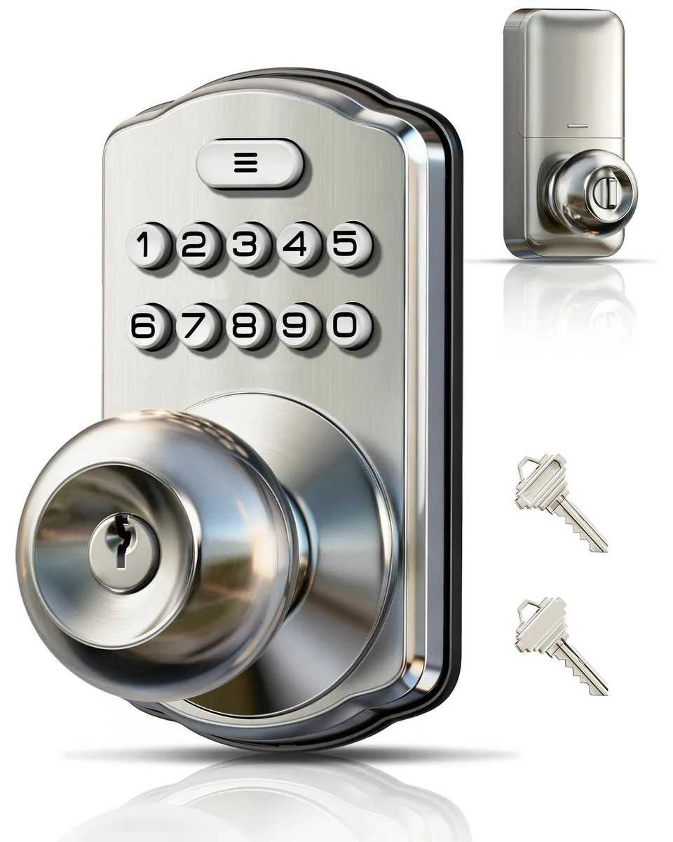 Satin nickel keypad door lock with handle and backlit keys