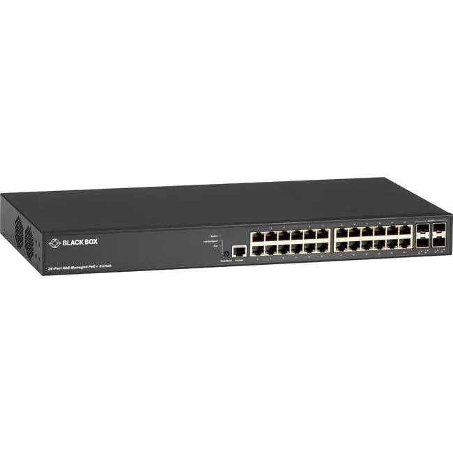 Black Box LPB3028A network switch, rectangular metal chassis, matte black finish