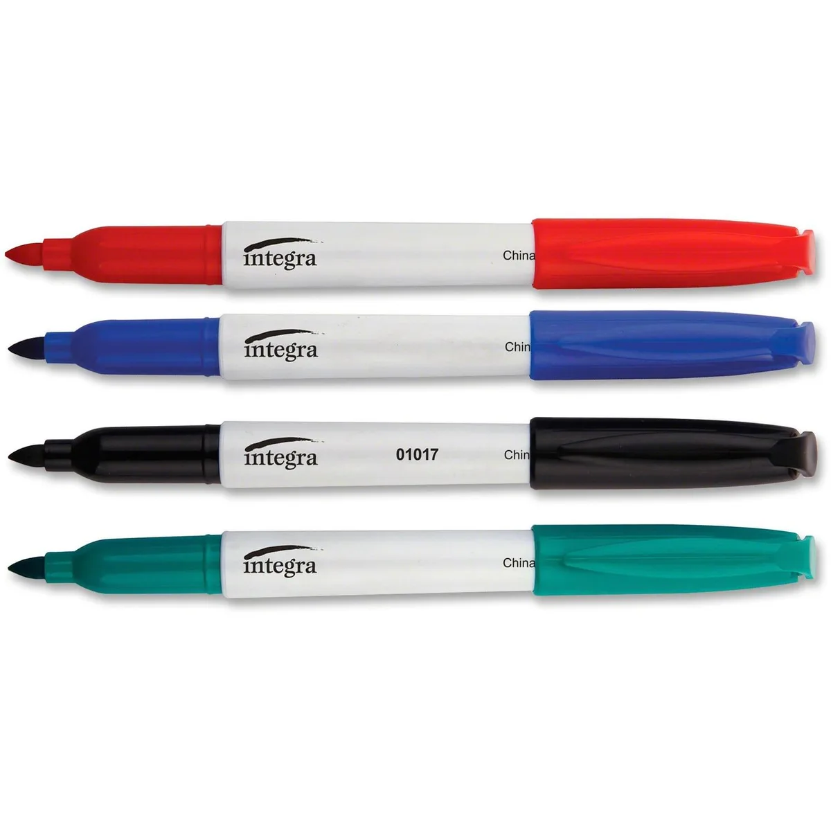Set of four dry-erase markers with bullet tips and colour-matched caps and clips