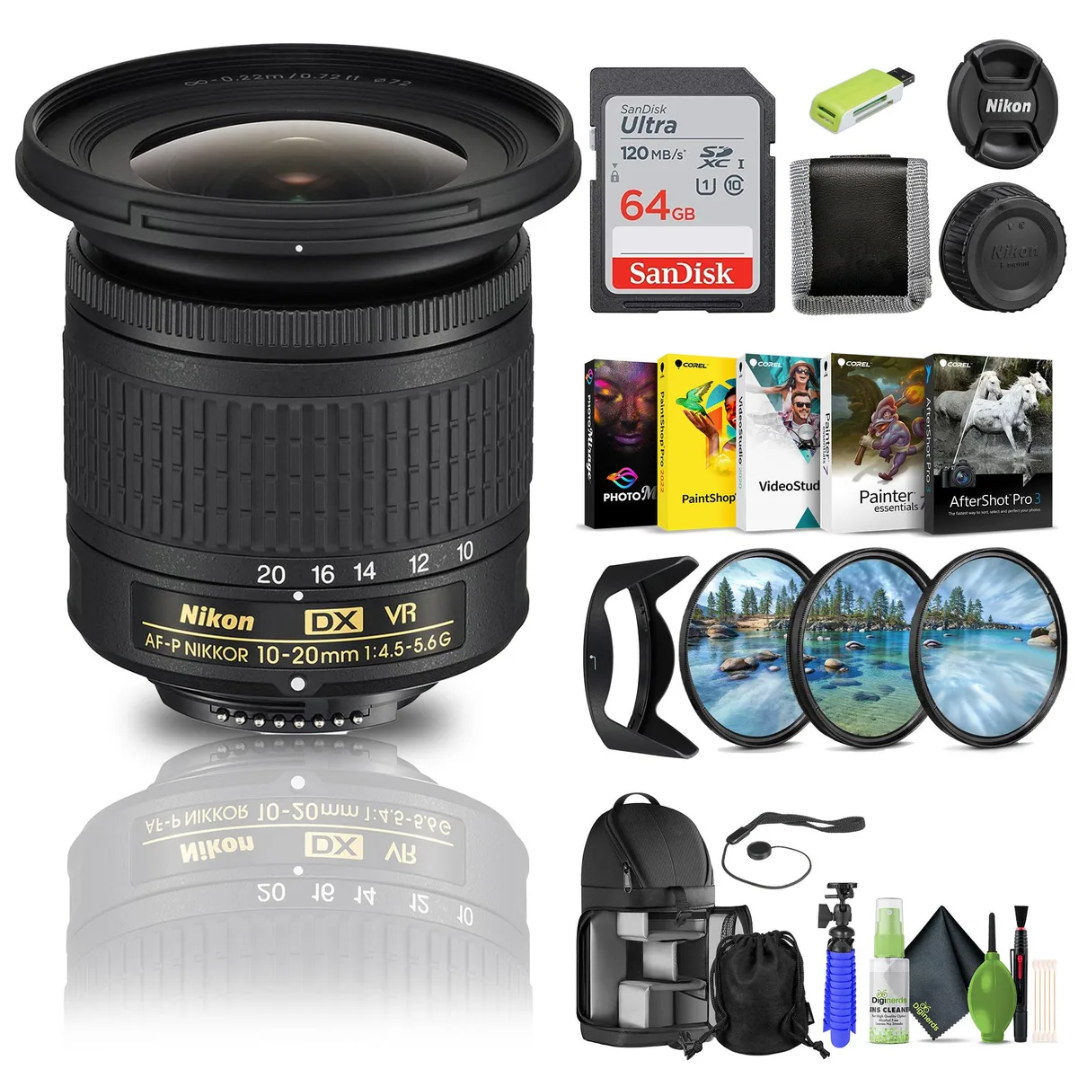 Nikon Inc Nikon AF-P DX NIKKOR 10-20mm f/4.5-5.6G VR camera lens bundle (International Version) — product photo