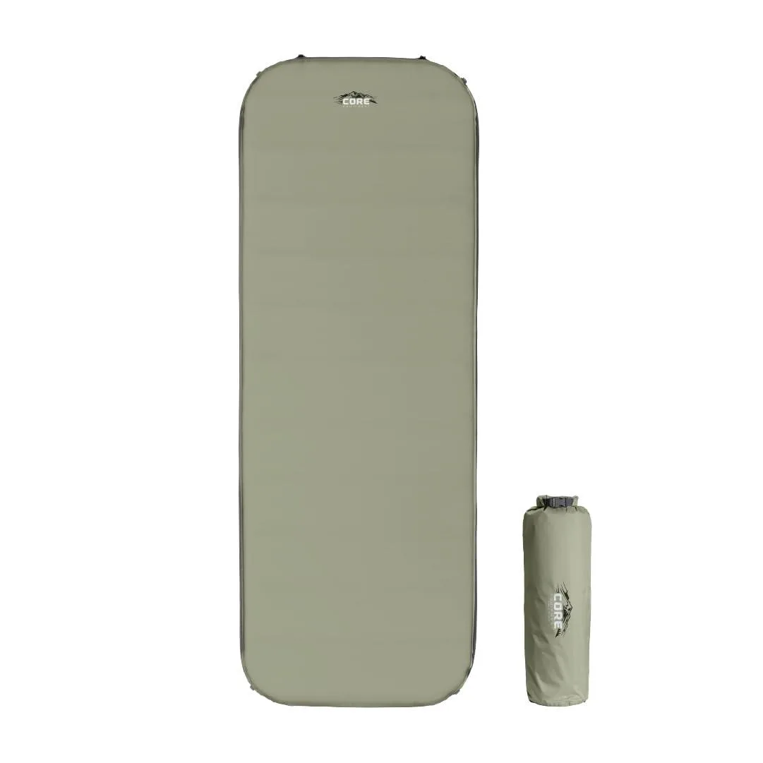 Olive-green and grey rectangular self-inflating camping mattress with soft fabric top and valve detail