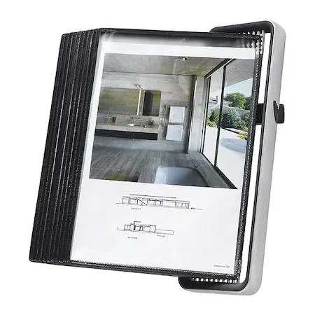 Black wall-mounted document display unit with ten assorted pockets