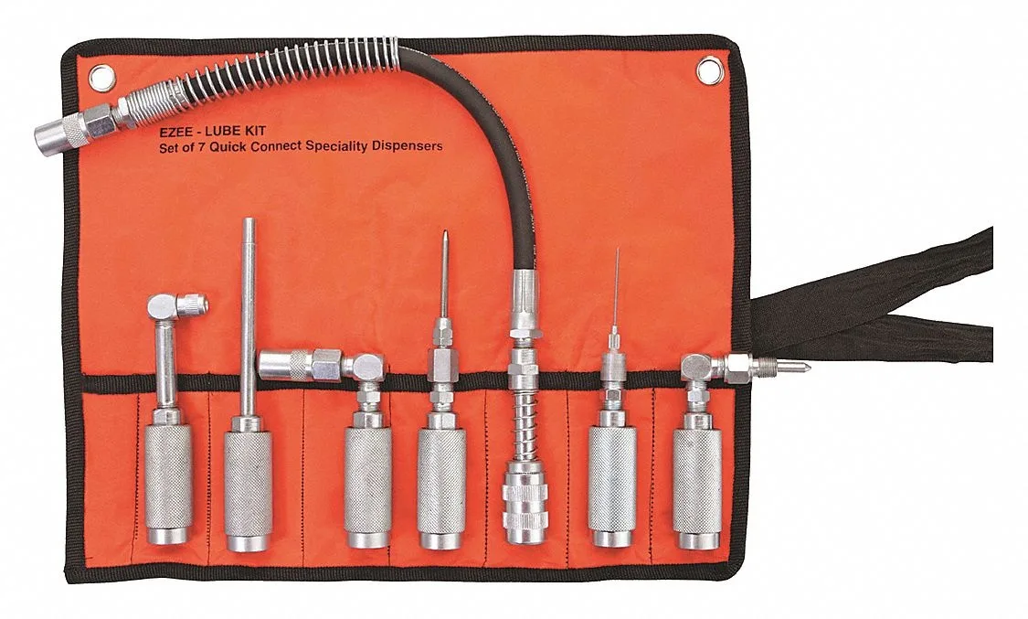 Westward greasing accessory kit with couplers, hose, needle and pouch