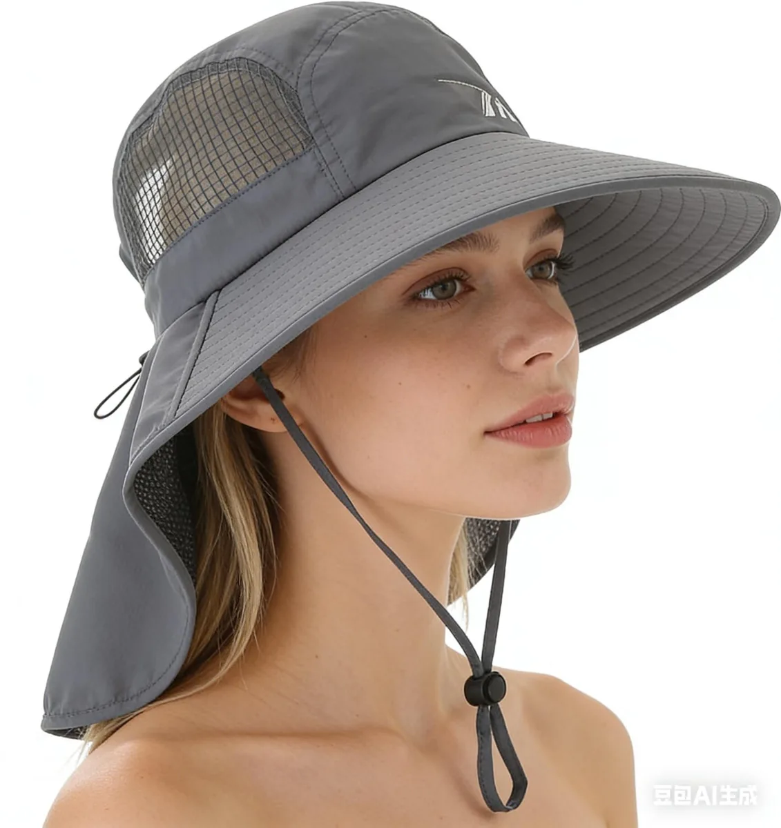 Black wide-brim sun hat with neck flap and mesh vents, UPF 50+ protection