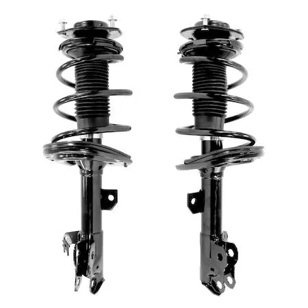 Pair of silver metal front strut assemblies with coiled springs and top mounts