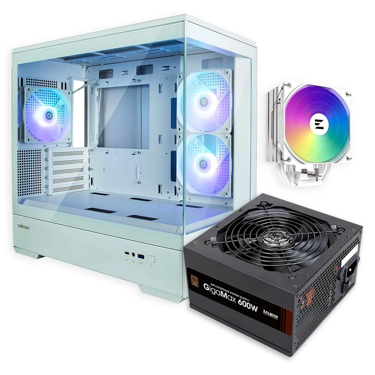 Zalman Zalman P30 White MATX PC Case + 9X Performa Plus White 180W TDP CPU Cooler + Gigamax 600W 80+ Bronze PSU — product photo