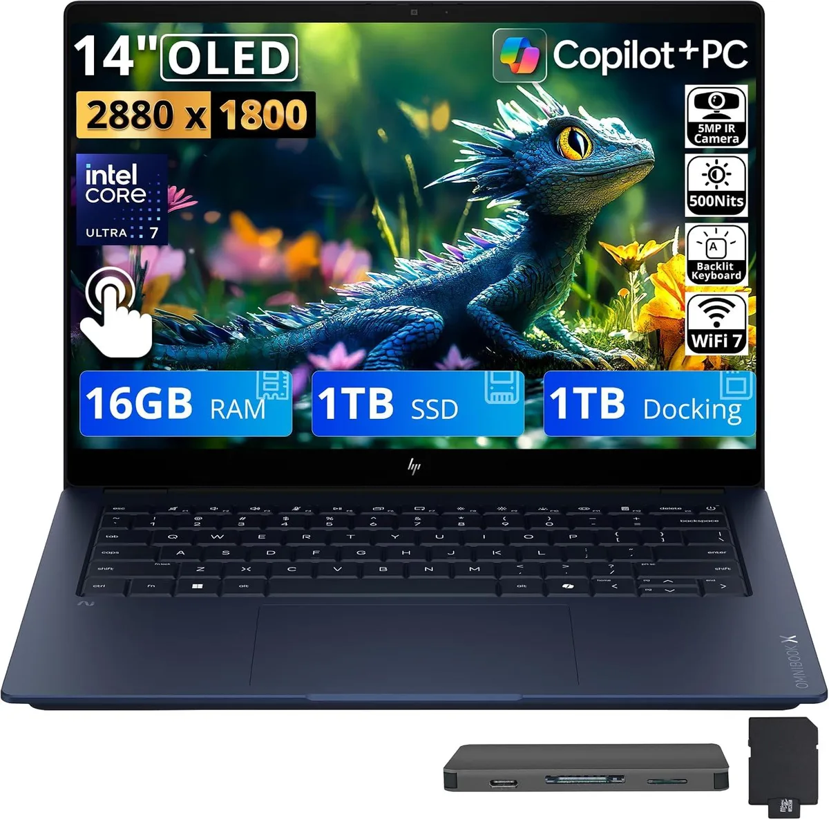 HP HP OmniBook X 14" 3K OLED Touch, Core Ultra 7 355, 16GB LPDDR5X, 1TB SSD + 1TB Dock, Blue — product photo