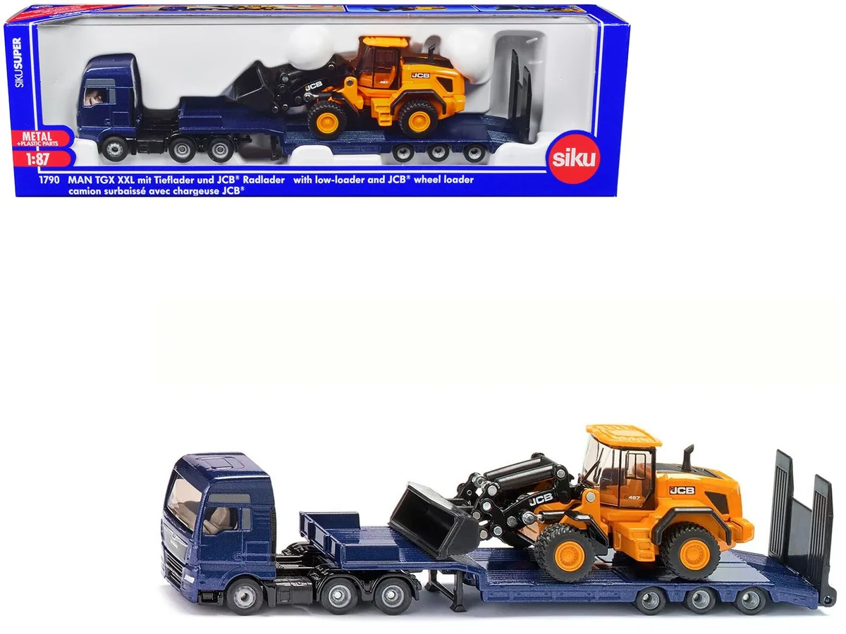 Siku Siku MAN Truck Blue Metallic with Low Loader Trailer &amp; JCB 457 Wheel Loader Yellow 1/87 Hobby Collectible — product photo