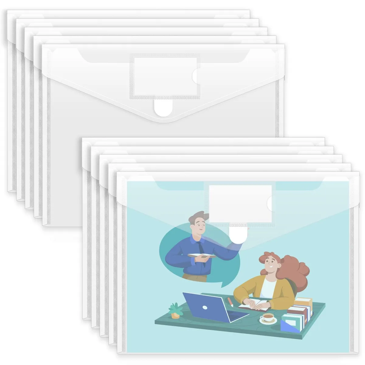 Ten clear polypropylene wallet folders, 13.25 by 9.25 inches, hook-and-loop closure