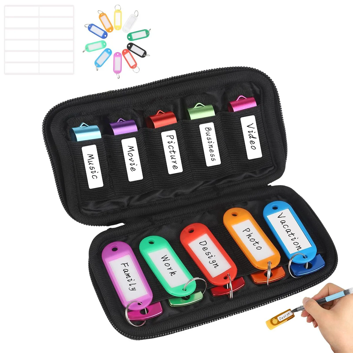 Grey neoprene USB flash drive case with zipper and 10 elastic slots