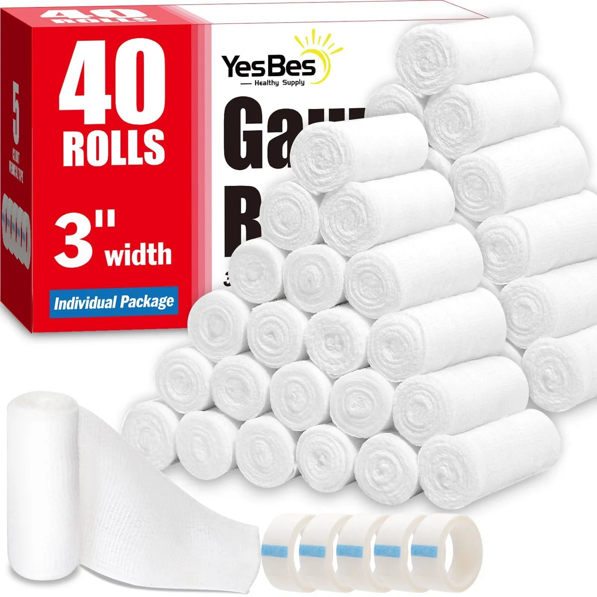 Forty individually wrapped white cotton gauze rolls with five medical tapes