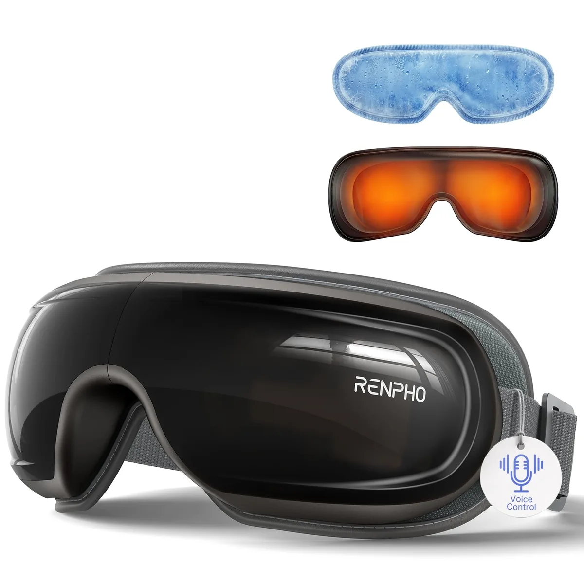 Black wrap-around eye massager with adjustable head strap and removable gel mask