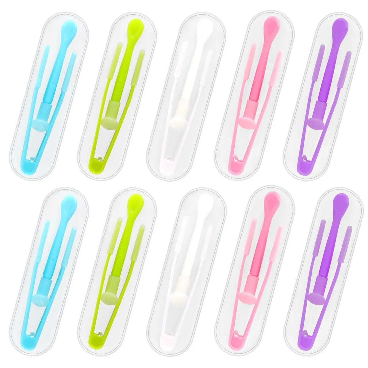 Ten small arc-design lens cases in blue green white pink purple with tweezers and sticks