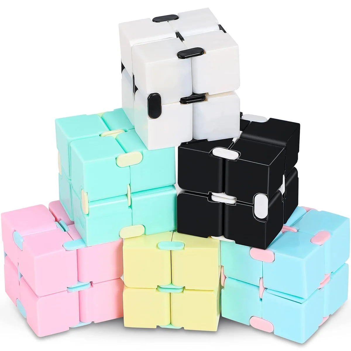 Six small colourful ABS cubes linked into a folding 1.7 inch block