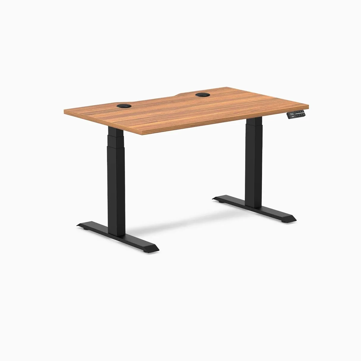 Desky Desky Dual Scalloped Laminate Sit Stand Desk Prime Oak 47.2 x 29.5 in Matte Black Grommets — product photo