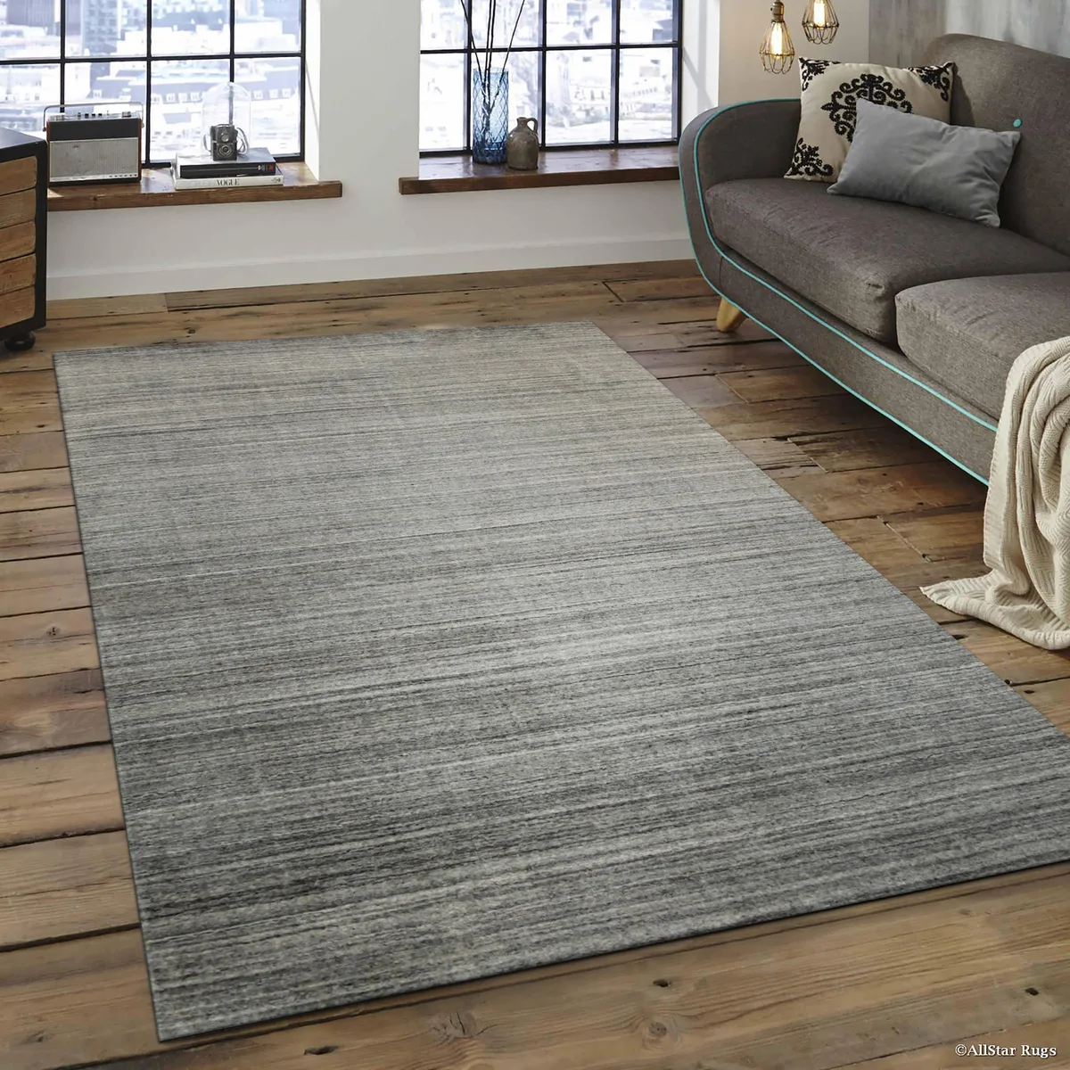 Handmade navy wool-viscose rug, low flat pile, solid colour