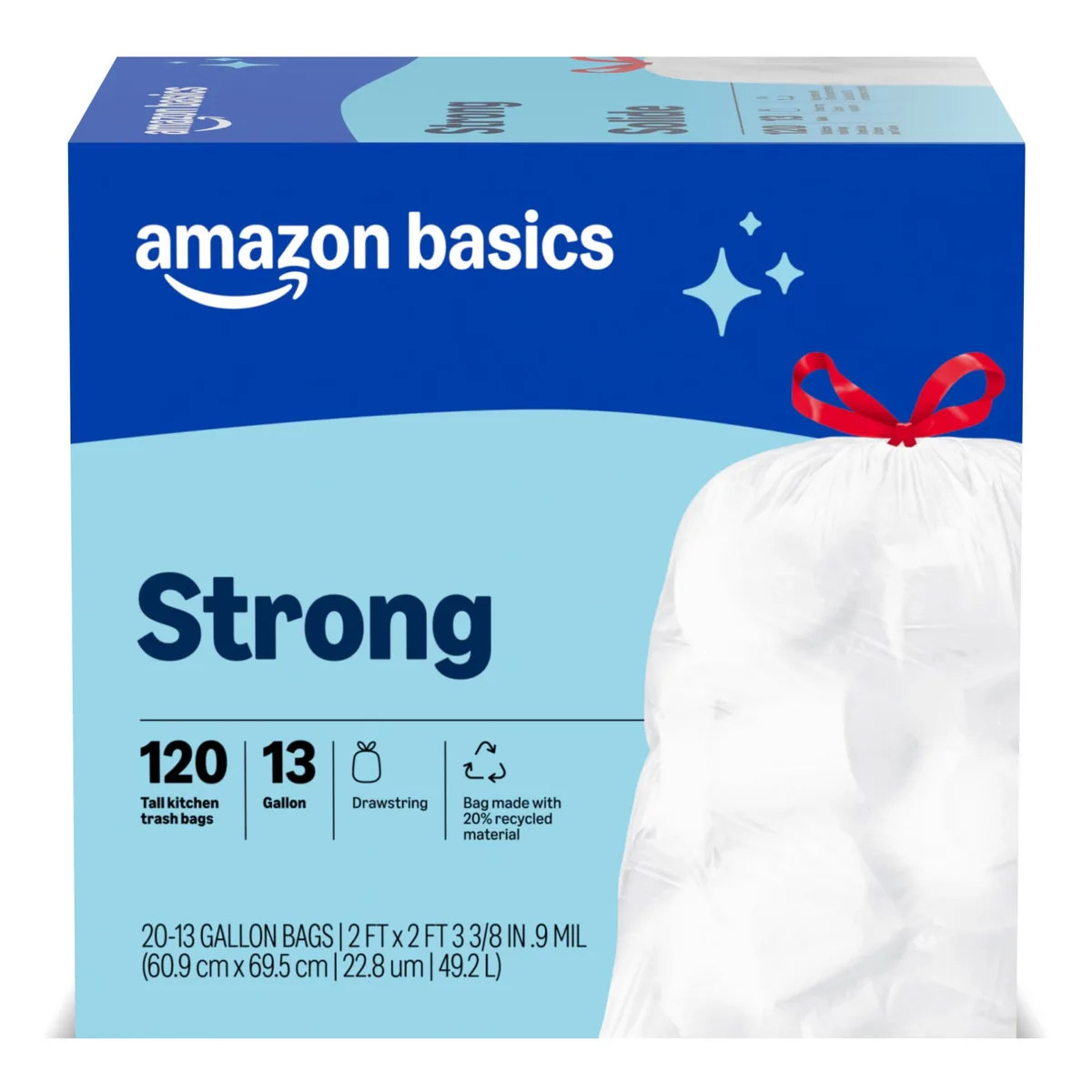 White plastic drawstring trash bags in a 120-count pack