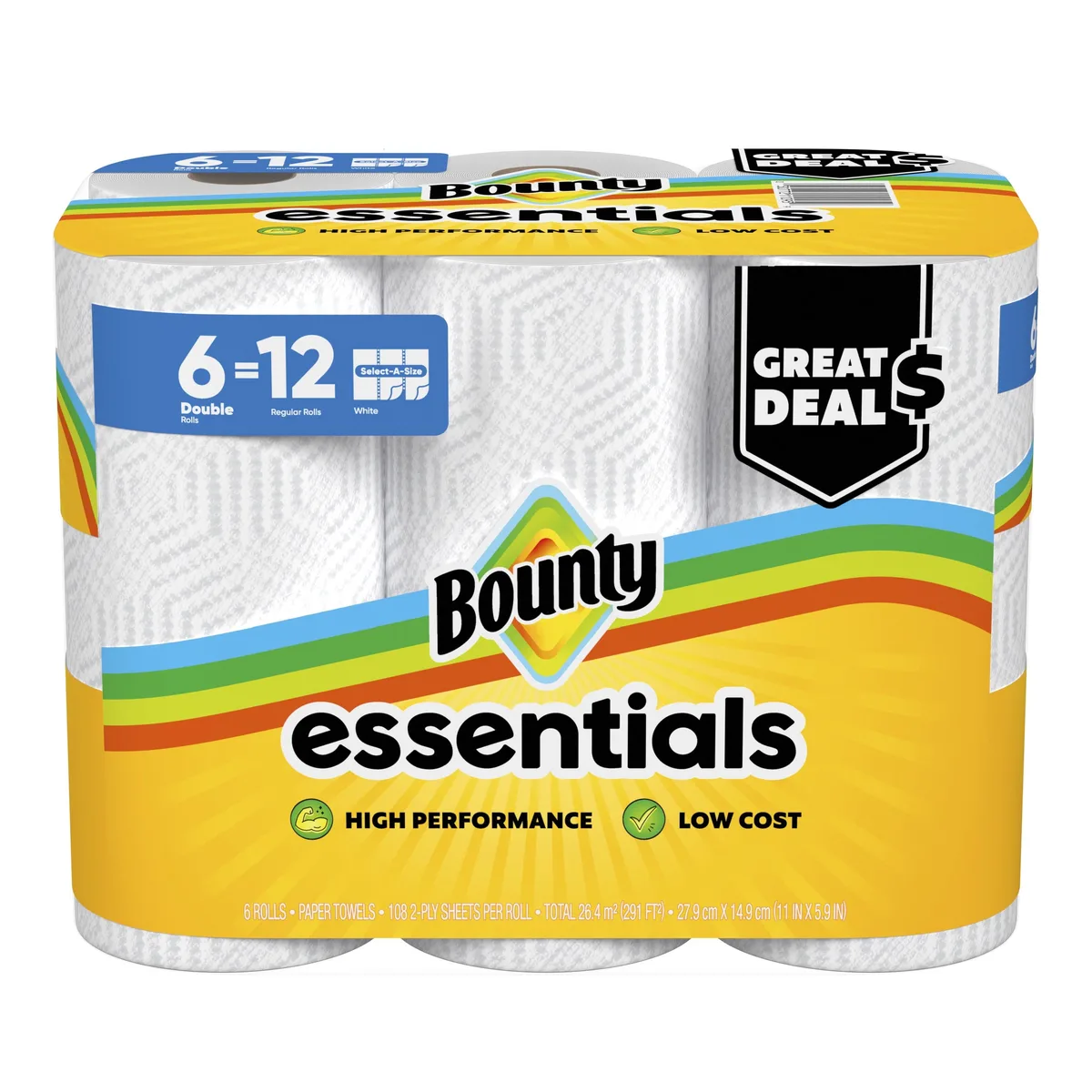 Six double rolls of white Bounty Essentials Select-A-Size paper towels