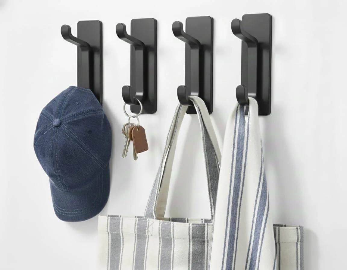 Four black double-prong adhesive wall hooks