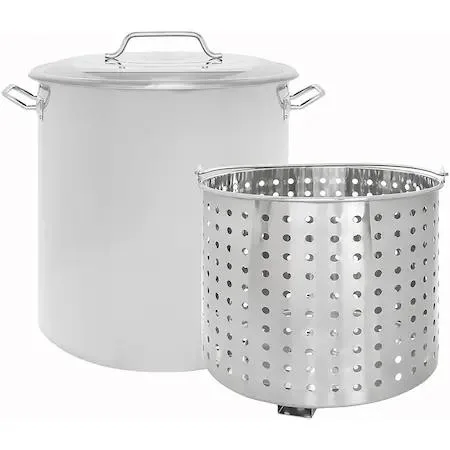 Large stainless steel stock pot with lid and steamer basket