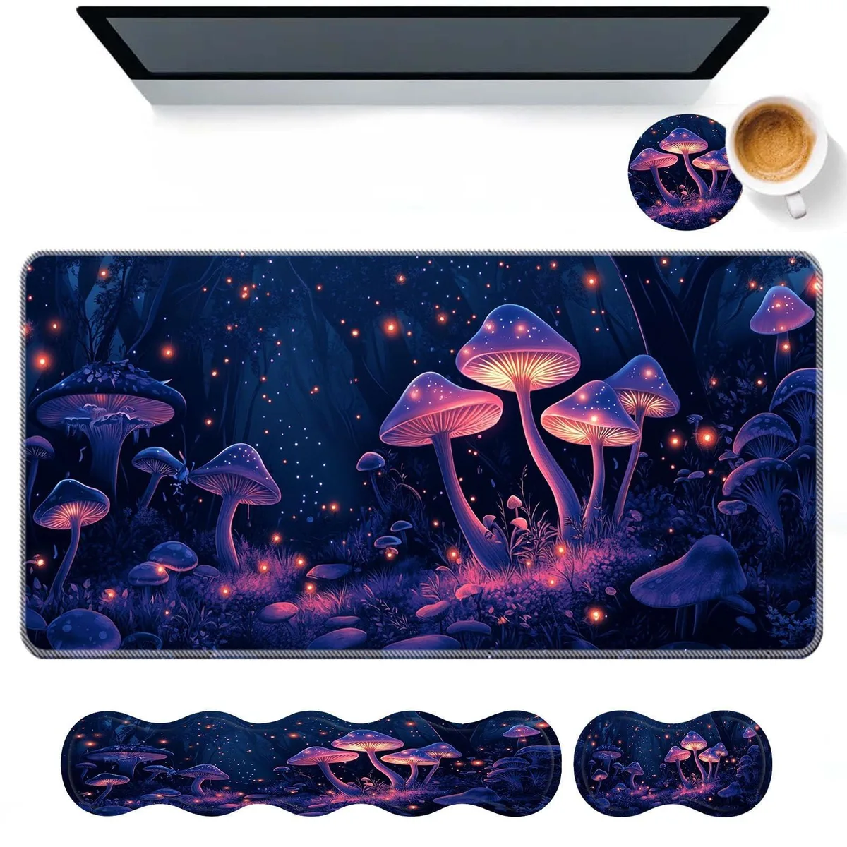 A large desk pad with keyboard wrist rest, mouse wrist support and coaster in a glowing mushroom design
