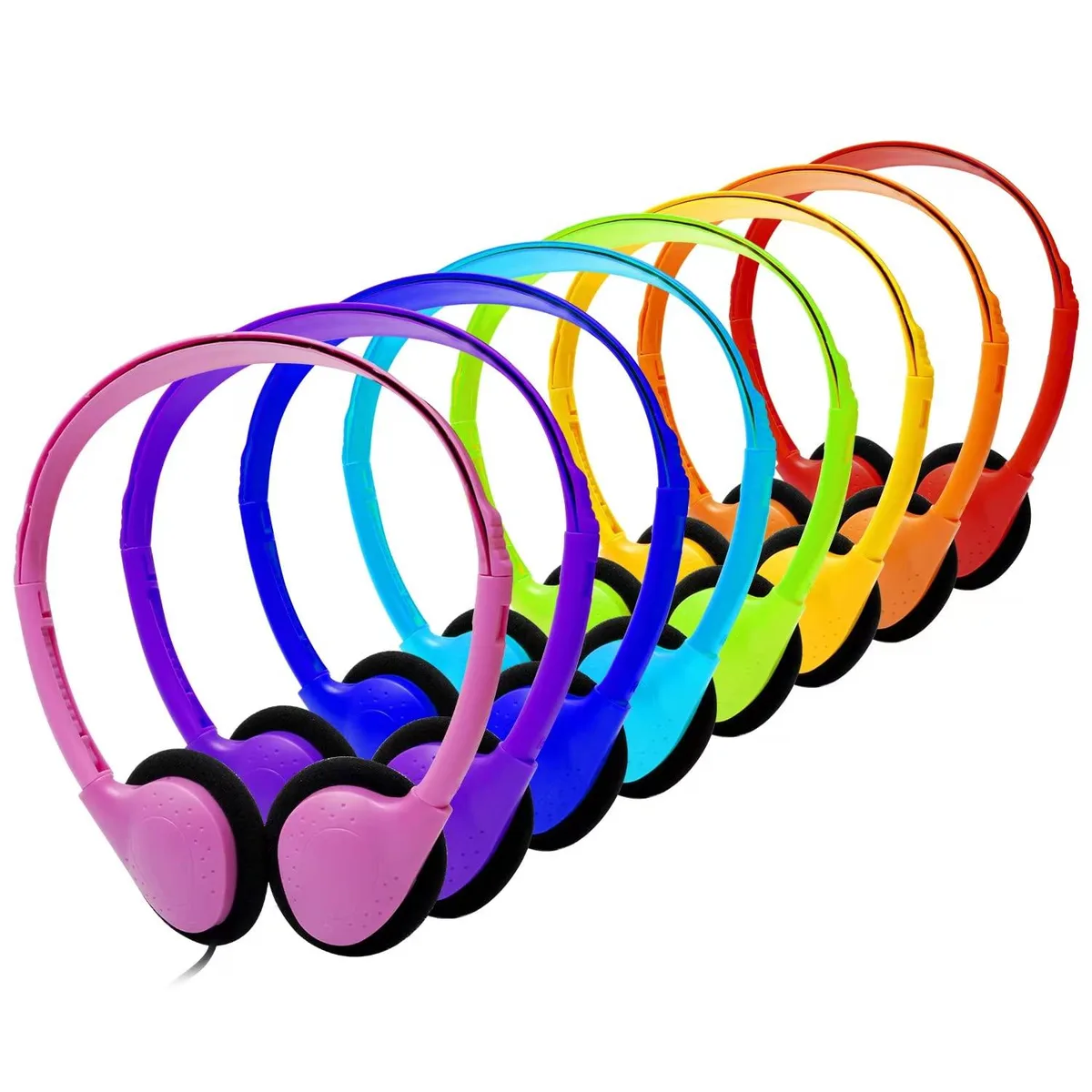 Eight colourful on-ear headphones in individual sealed packs, white adjustable headbands with 3.5 mm cords and Bluetooth modules