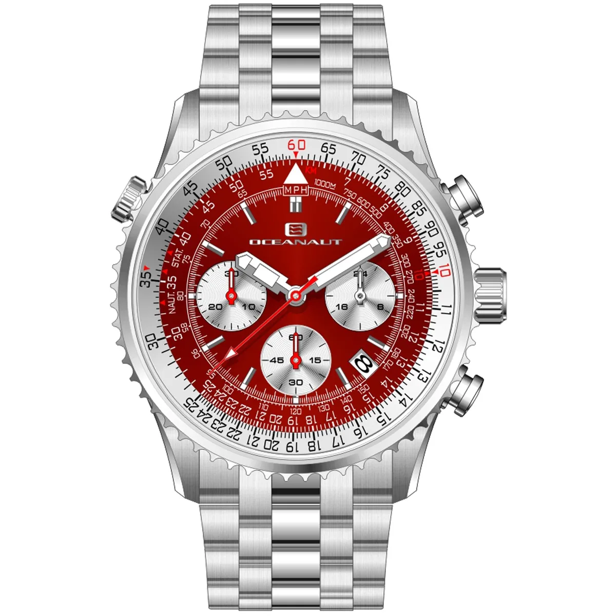Stainless steel watch with red dial and chronograph sub-dials on matching bracelet