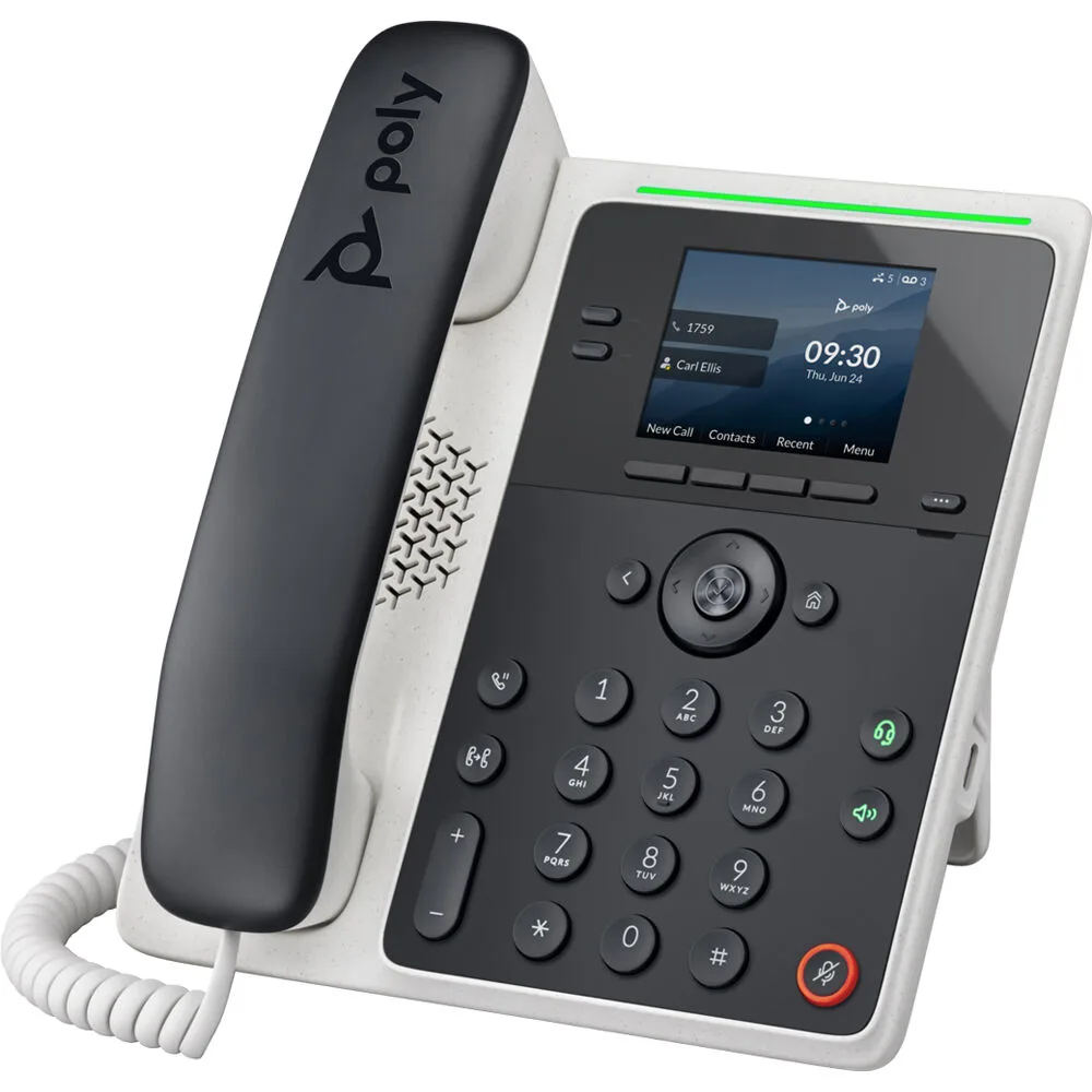 Black desk VoIP phone with 2.8 inch colour display, corded handset and antimicrobial finish