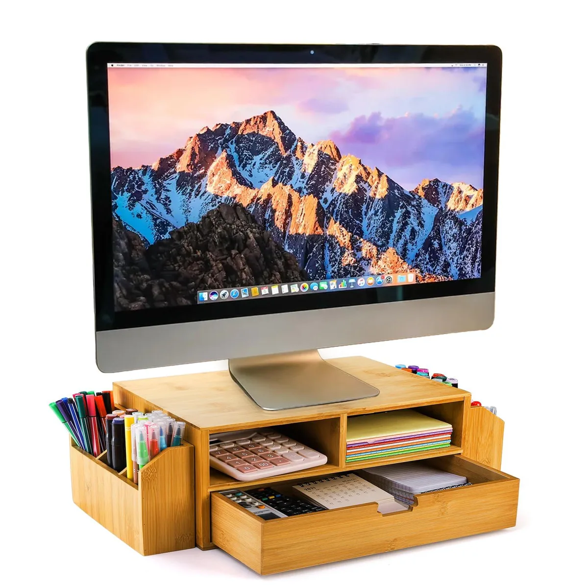 Two-tier bamboo desktop organiser with black leather finish, drawer and pen holders