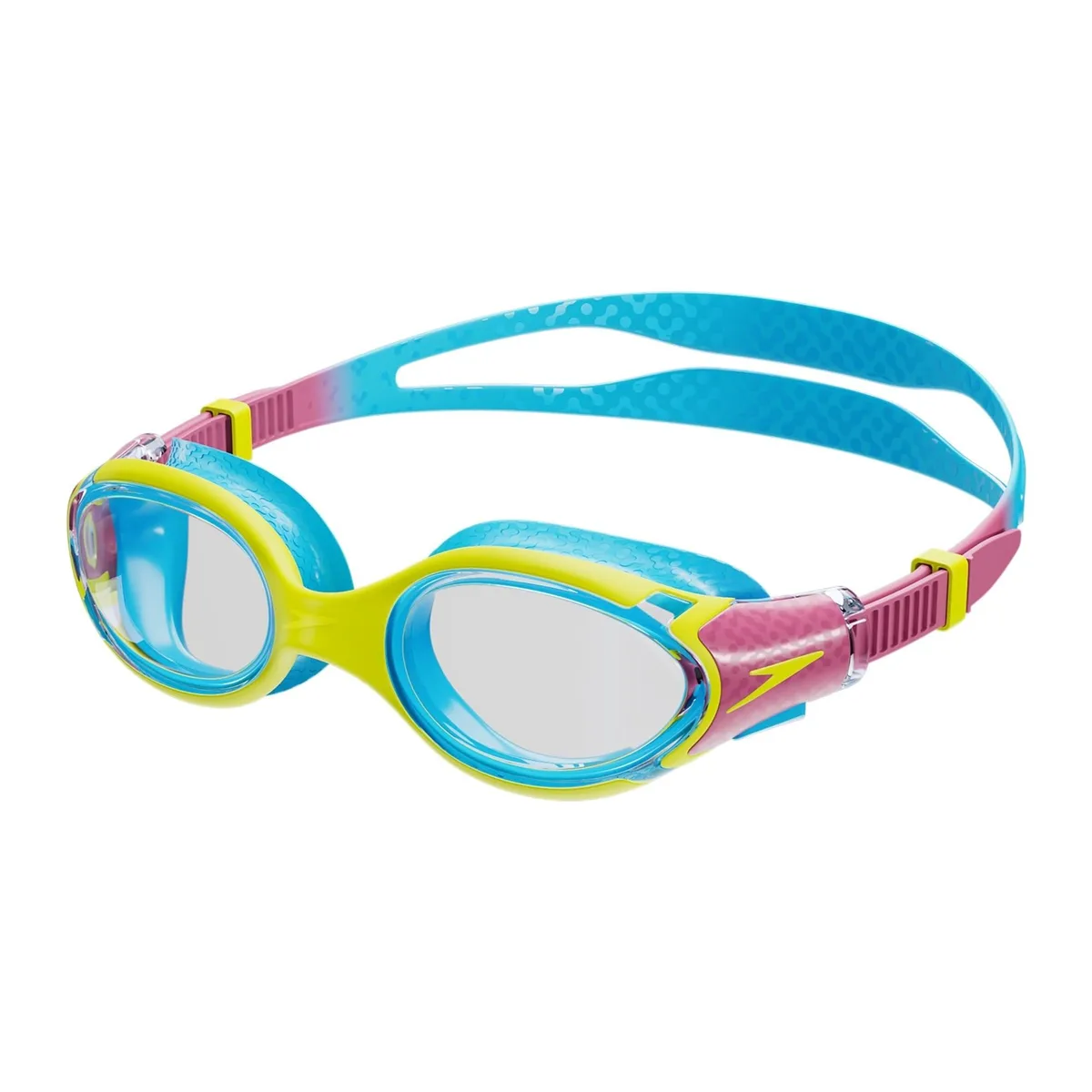 Pink junior swim goggles with frameless one-piece design and silicone seals