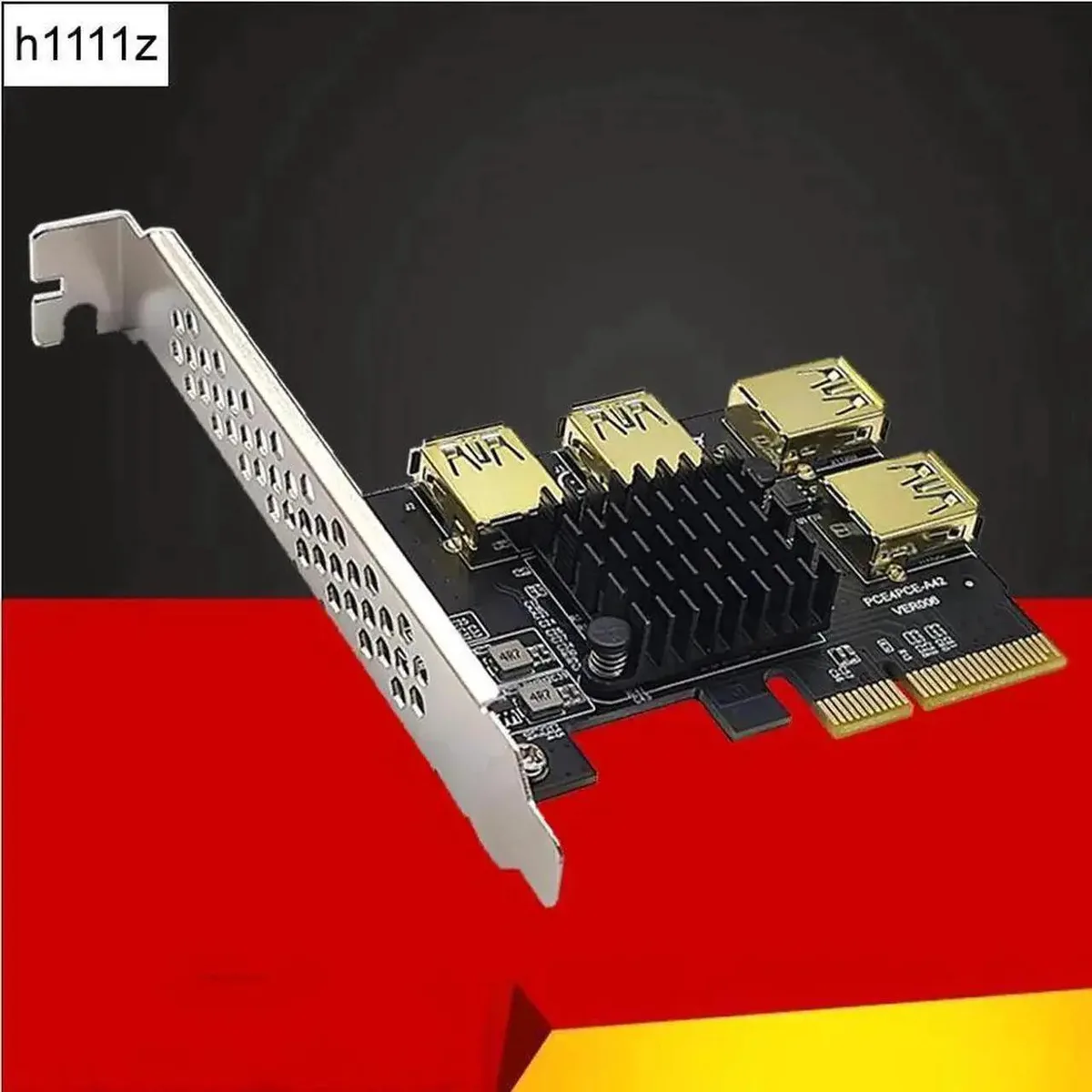Green circuit board with one short PCIe x1 connector and four full-length PCIe x16 slots linked by four blue USB 3.0 cables