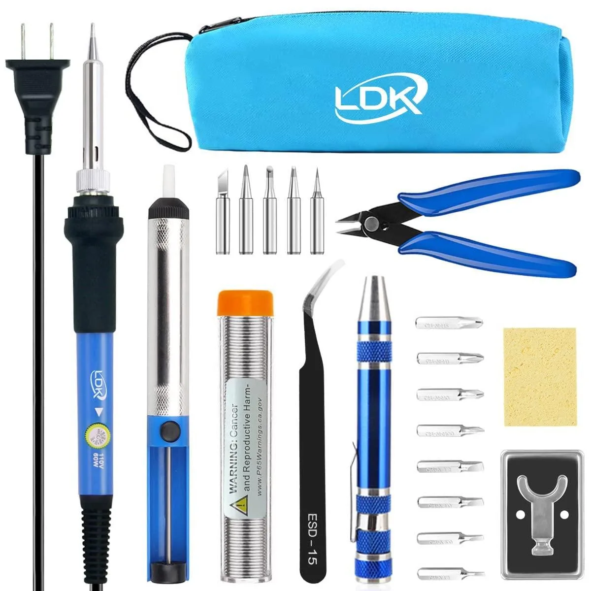 Blue soldering iron kit in zippered carry case with adjustable temperature dial and assorted tips