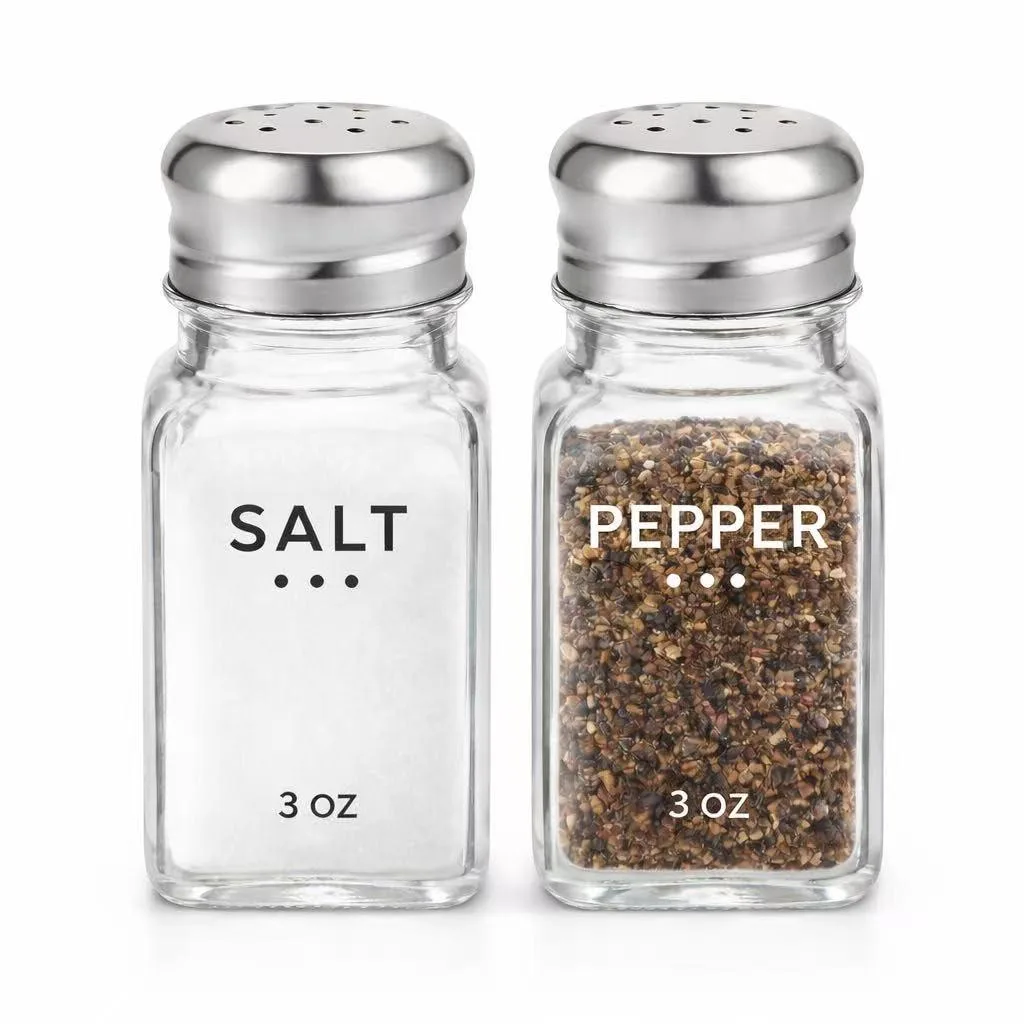 Clear square glass salt and pepper shakers with stainless steel lids, 3oz capacity
