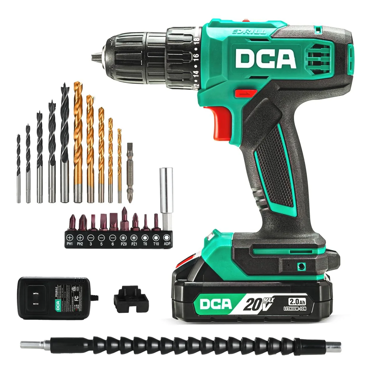 Yellow and black cordless drill kit in moulded case with bits battery and charger