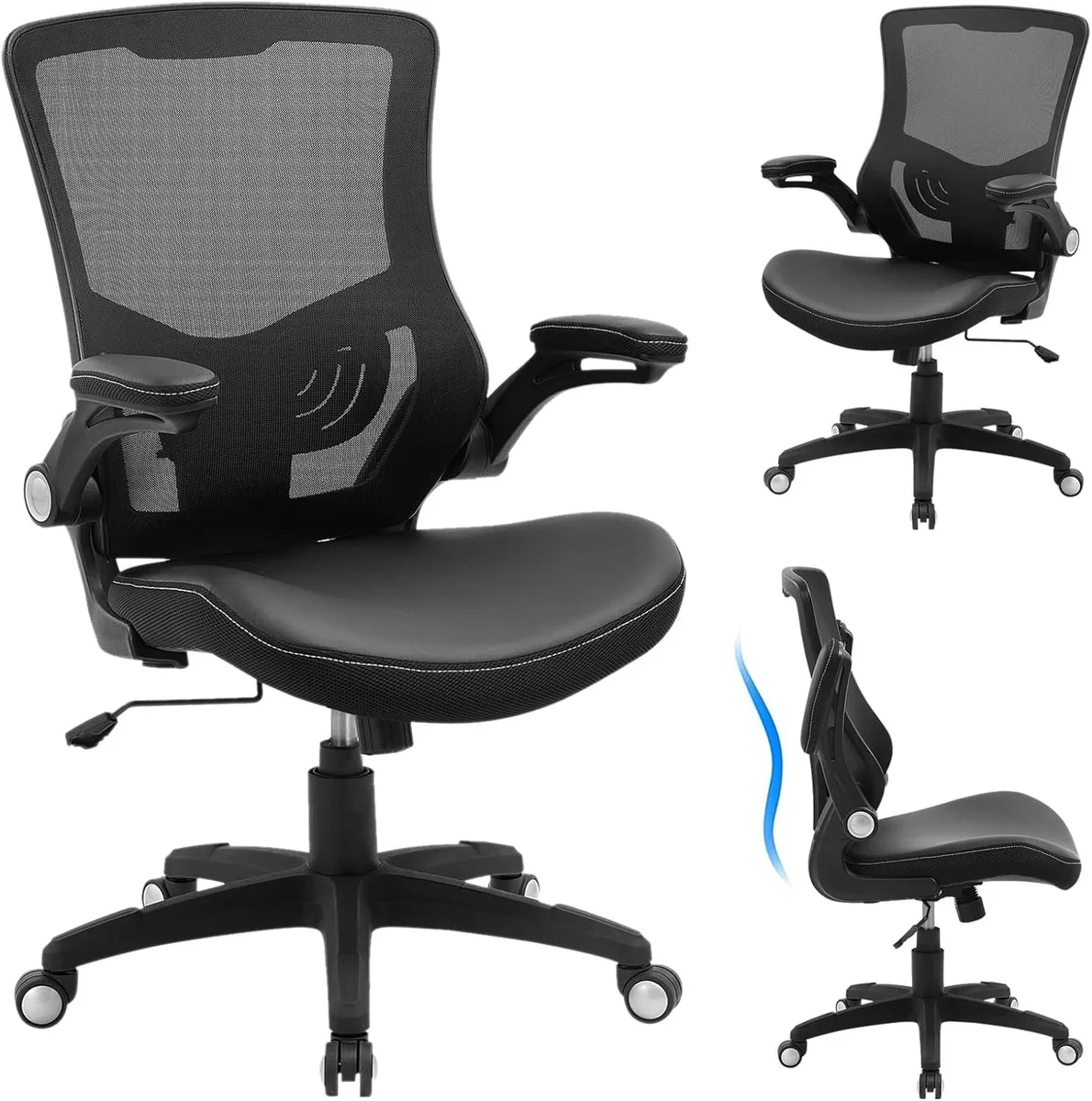 PISKEKAT PISKEKAT Ergonomic Office Chair Mesh Back PU Leather 3.5" Cushion 300 lbs 17.72-22.44" Height 90° Flip Arms — product photo