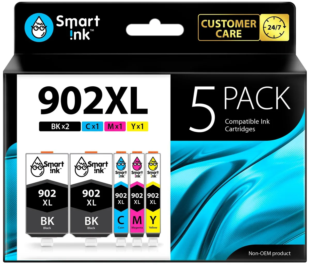 Five rectangular ink cartridges in black cyan magenta yellow packaging