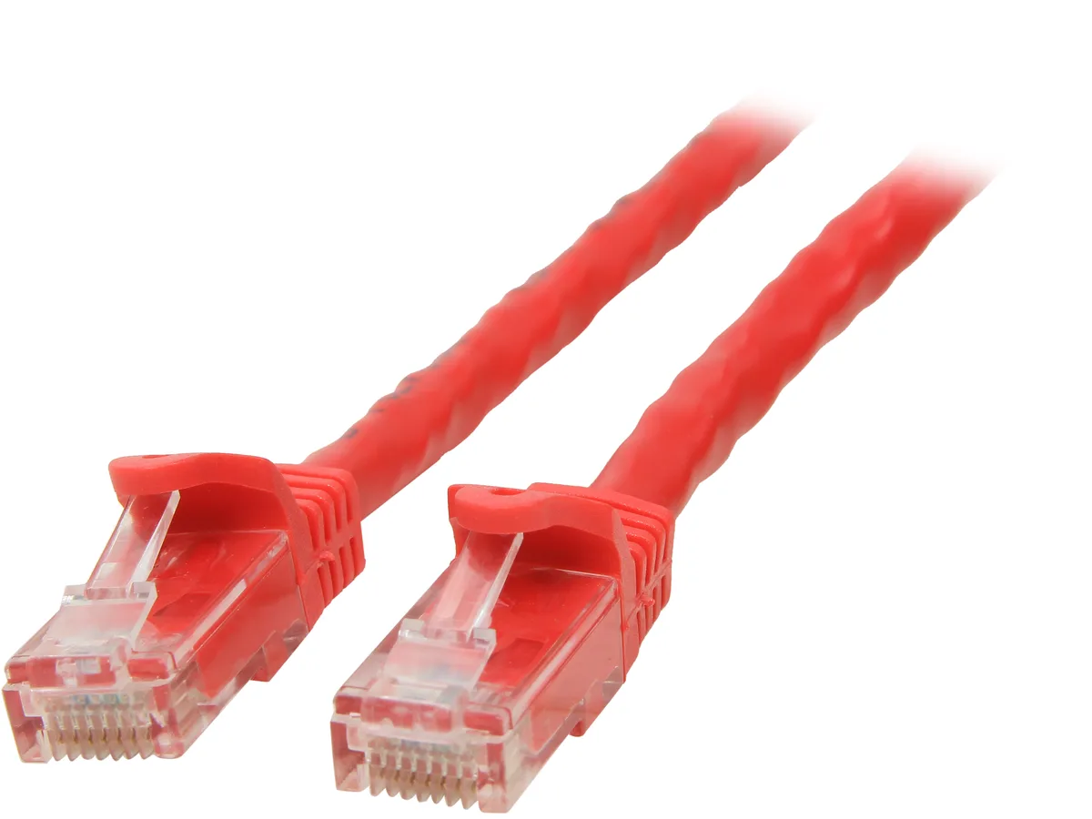Red Cat6 Ethernet cable three feet long with snagless molded connectors