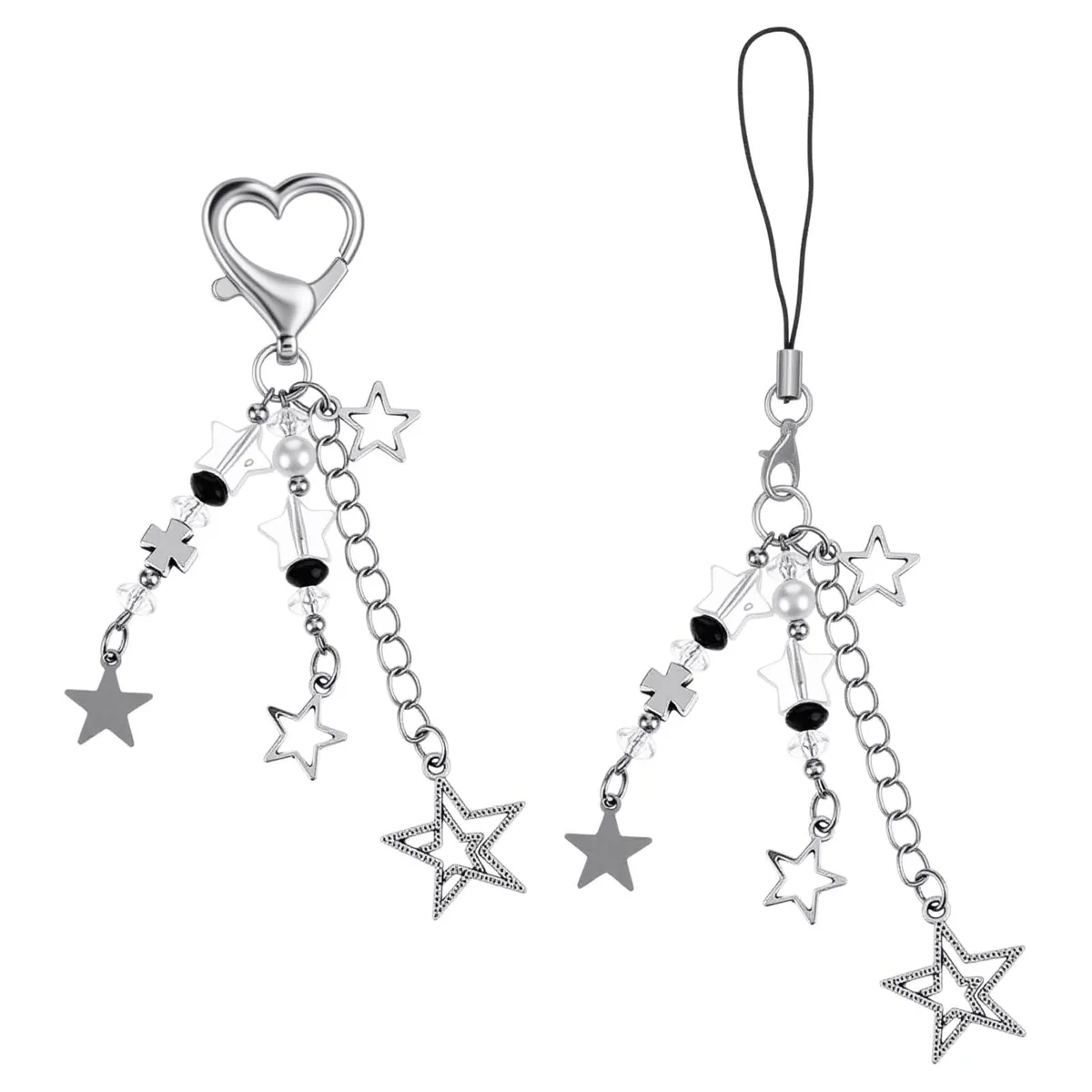 Two silver Y2K keychain charms with star beads and tethers on a polished zinc alloy finish