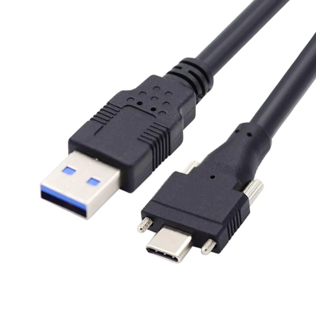 Blue USB 3.0 to USB-C locking cable with panel-mount screws, three metres long