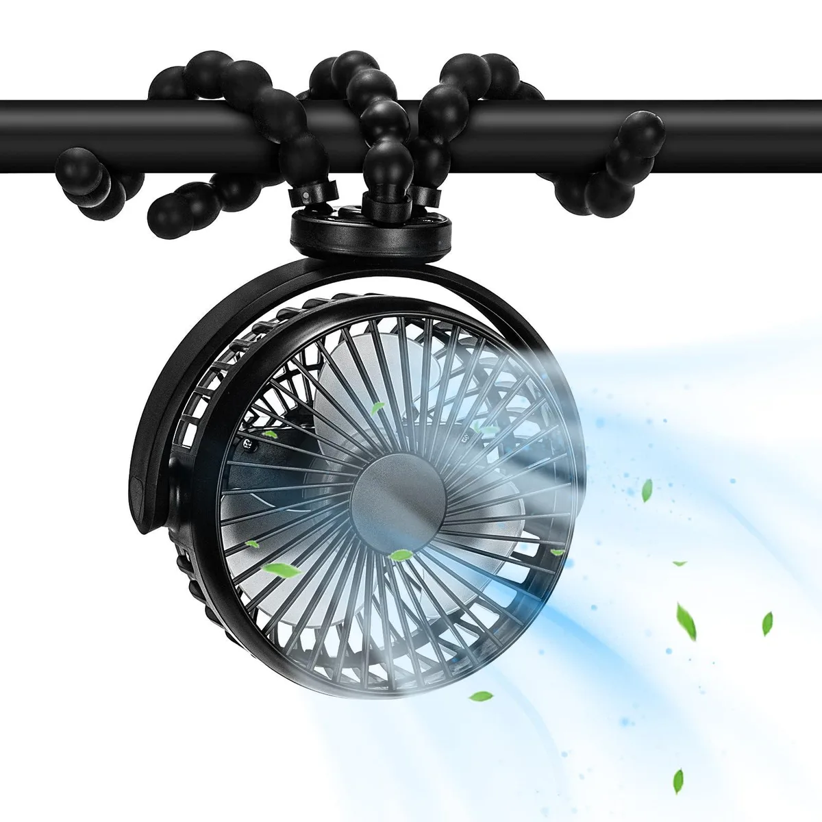 Black plastic clip-on fan with flexible tripod legs, 2.9 by 6.1 by 7.6 inches