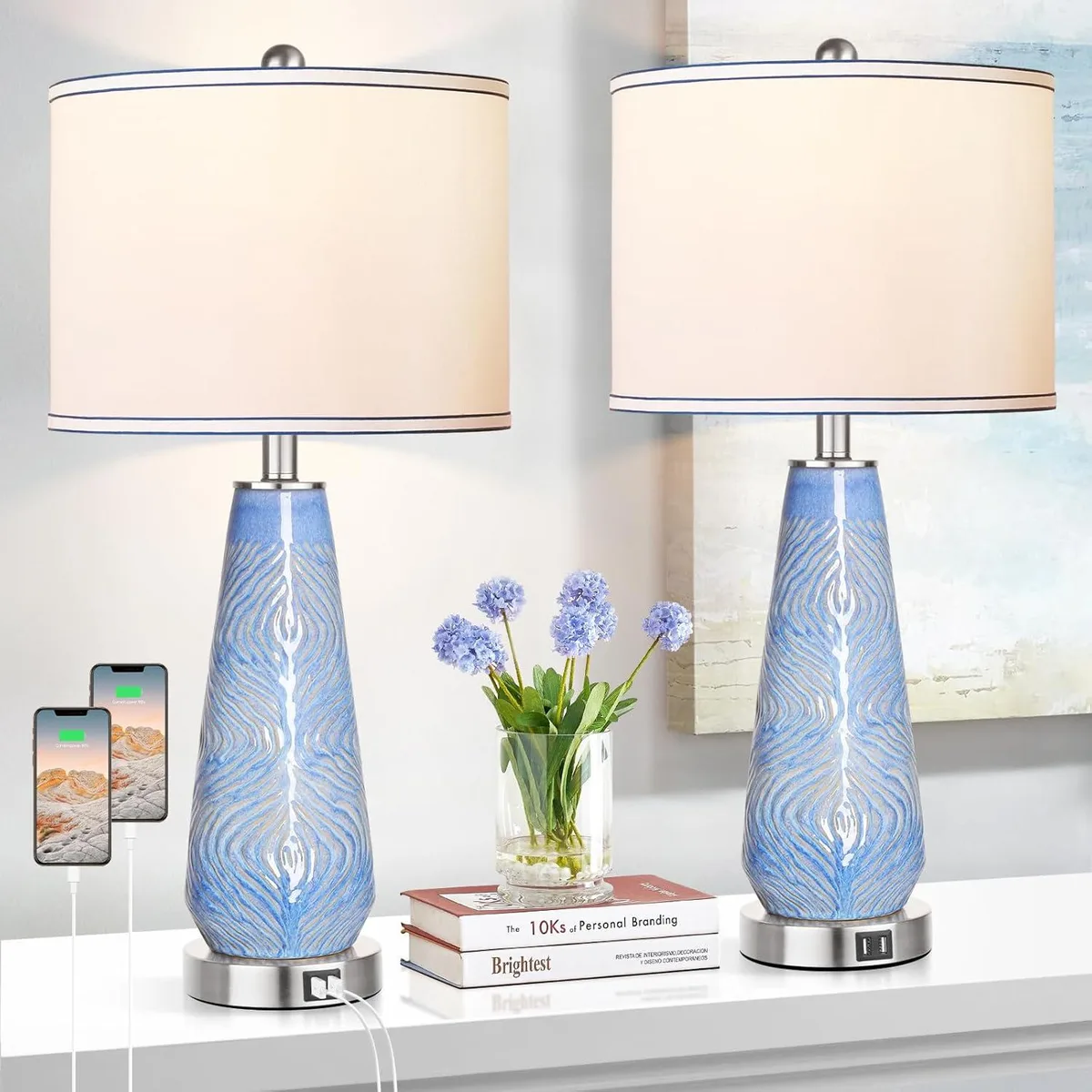 Wenger Wenger EYTL-32 Table Lamp Set of 2 Blue Beige Ceramic Brushed Nickel — product photo