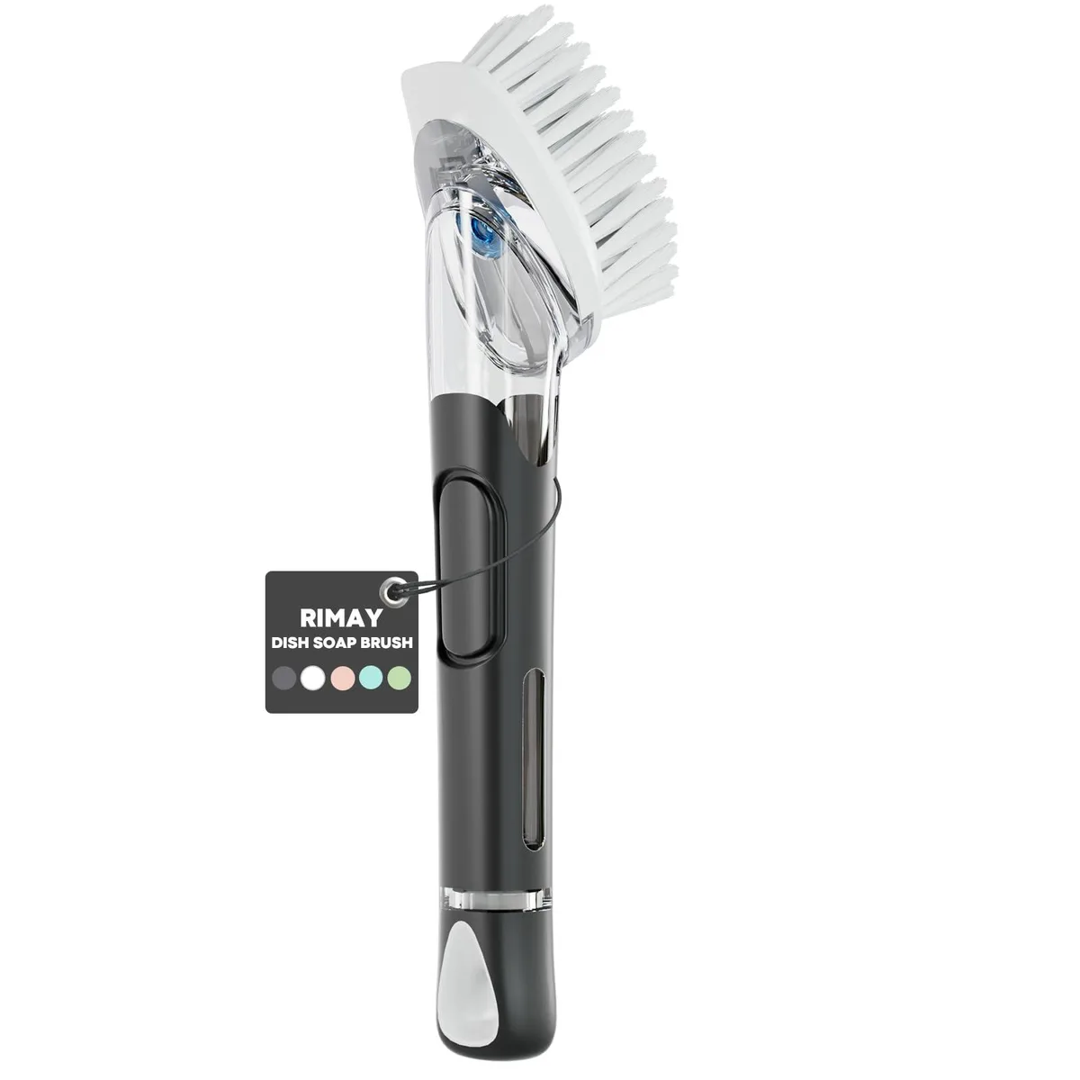 Black soap-dispensing dish brush with replaceable nylon head and silicone button
