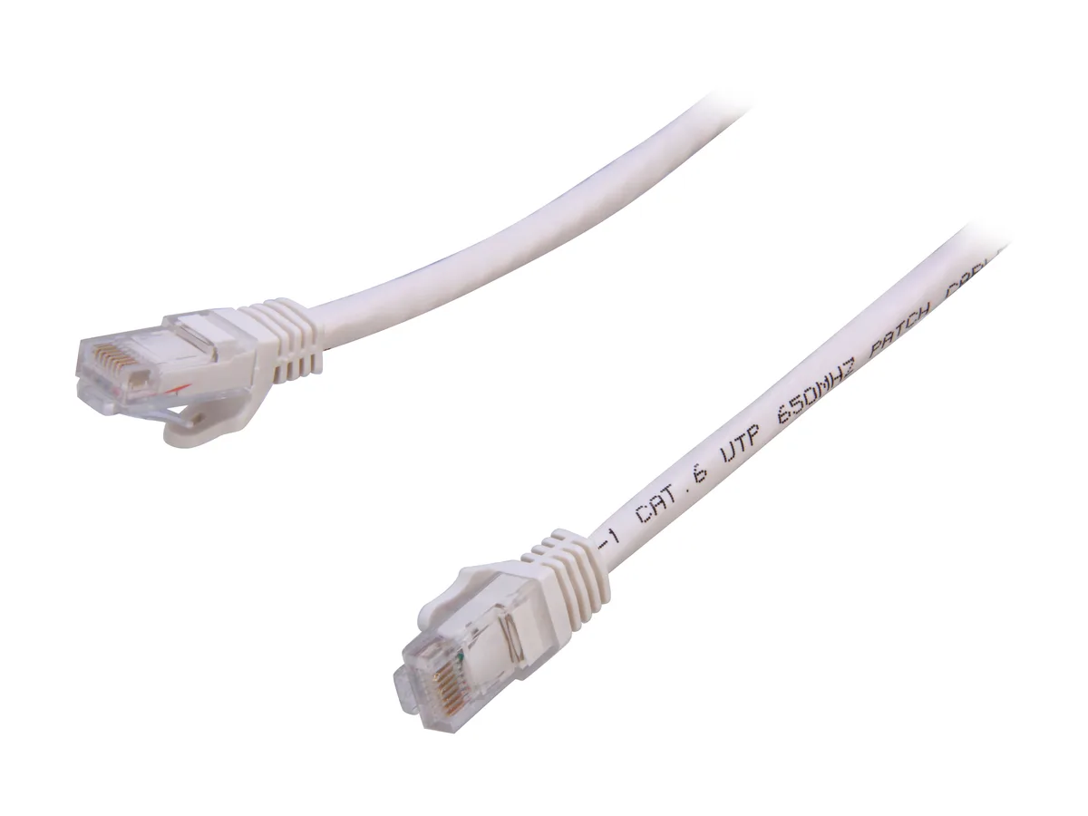 White 10 ft Cat 6 Ethernet cable with snagless RJ45 connectors