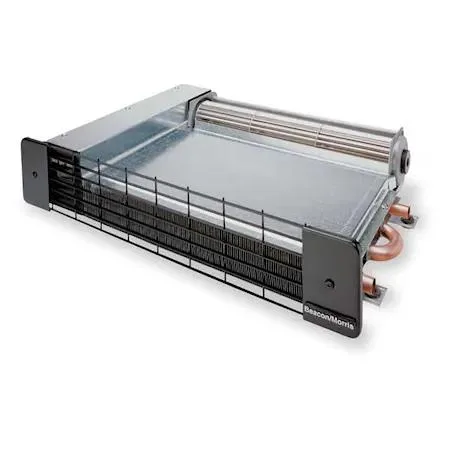 Compact white hydronic kickspace heater with front grille and side pipe connections