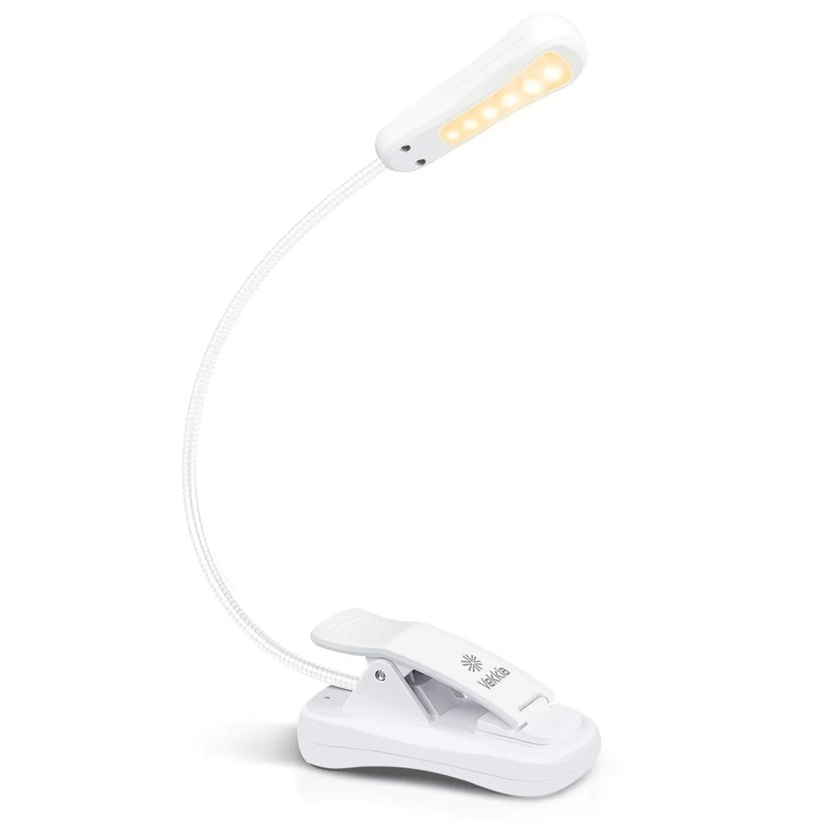 White clip-on book light with flexible neck and USB charging