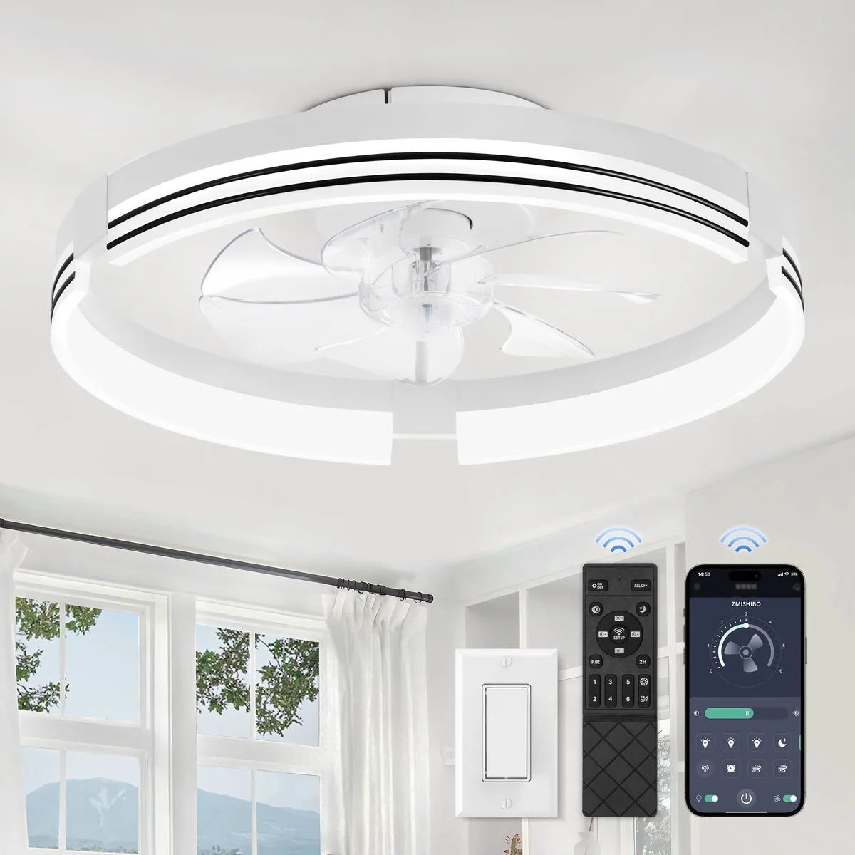 Black 20 inch flush mount ceiling fan with integrated LED light and remote control