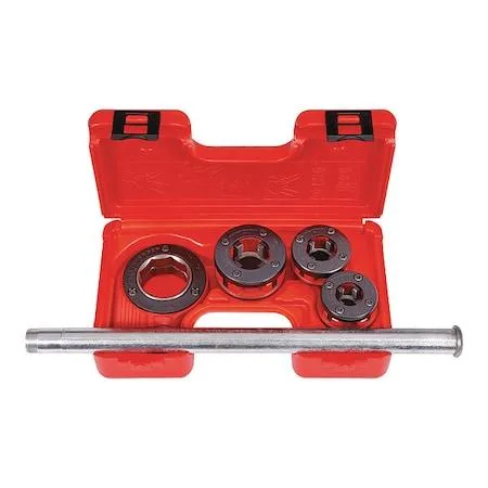 Silver ratchet pipe threader kit with four die heads and transparent case, 25 inch handle