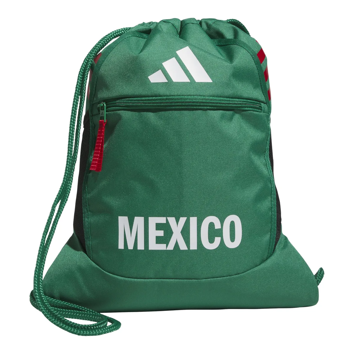 Green drawstring sackpack with zip pocket and hydration pockets