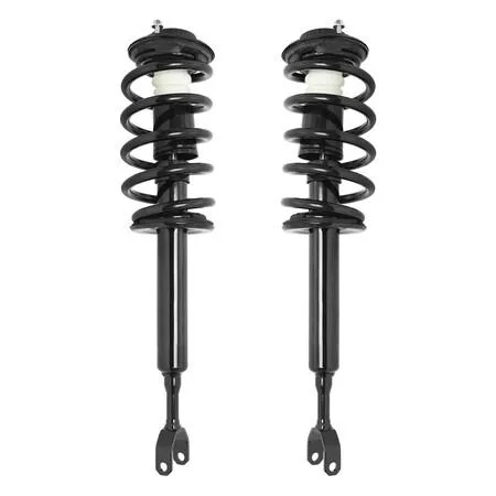 Two silver metal strut assemblies with coil springs and top mounts side by side
