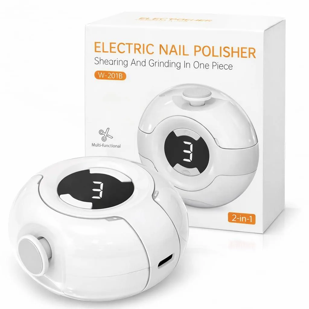White electric nail trimmer with stainless steel trimmer head and integrated polisher, compact oval shape